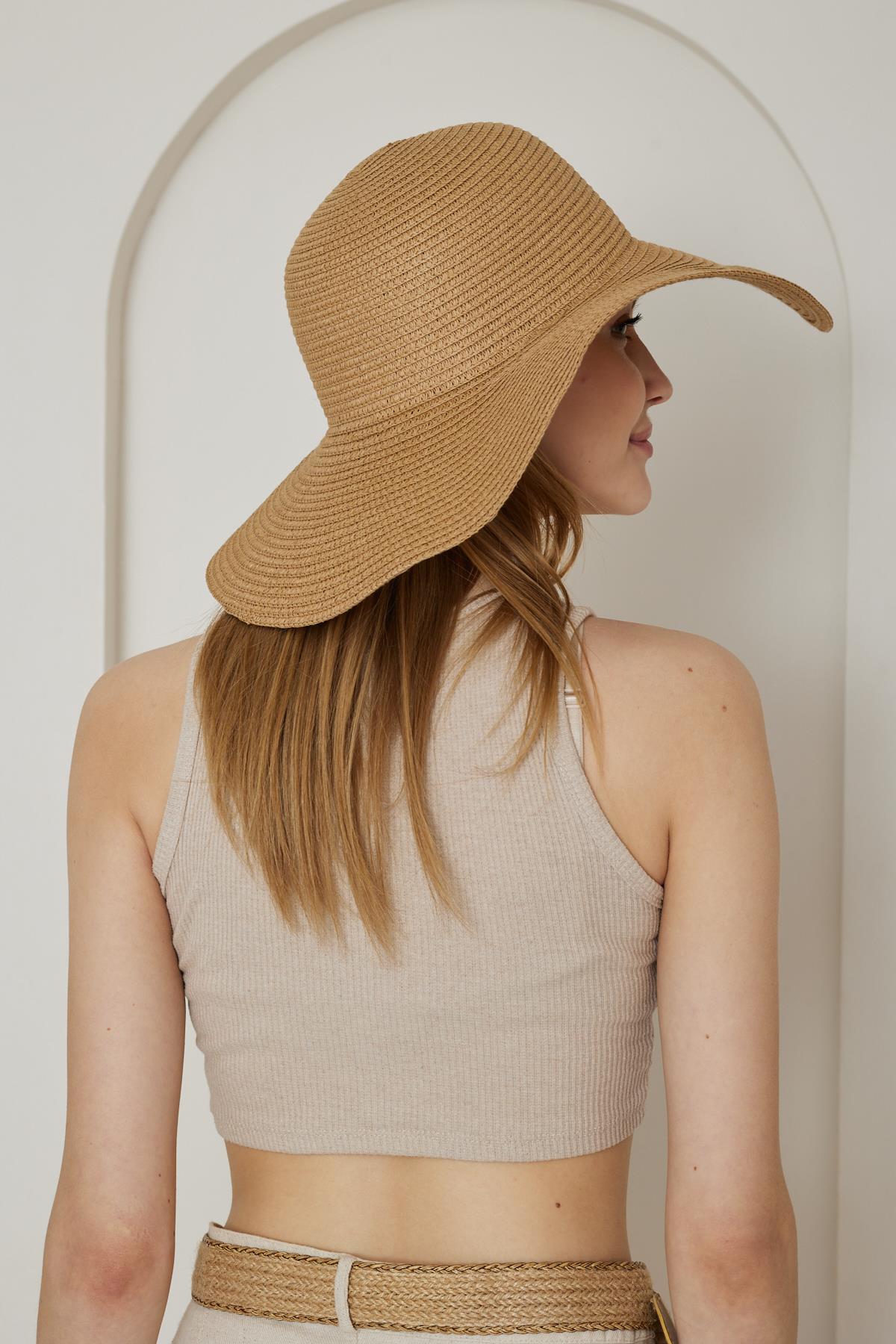 Kadın Camel Geniş Hasır Şapka - Bronte