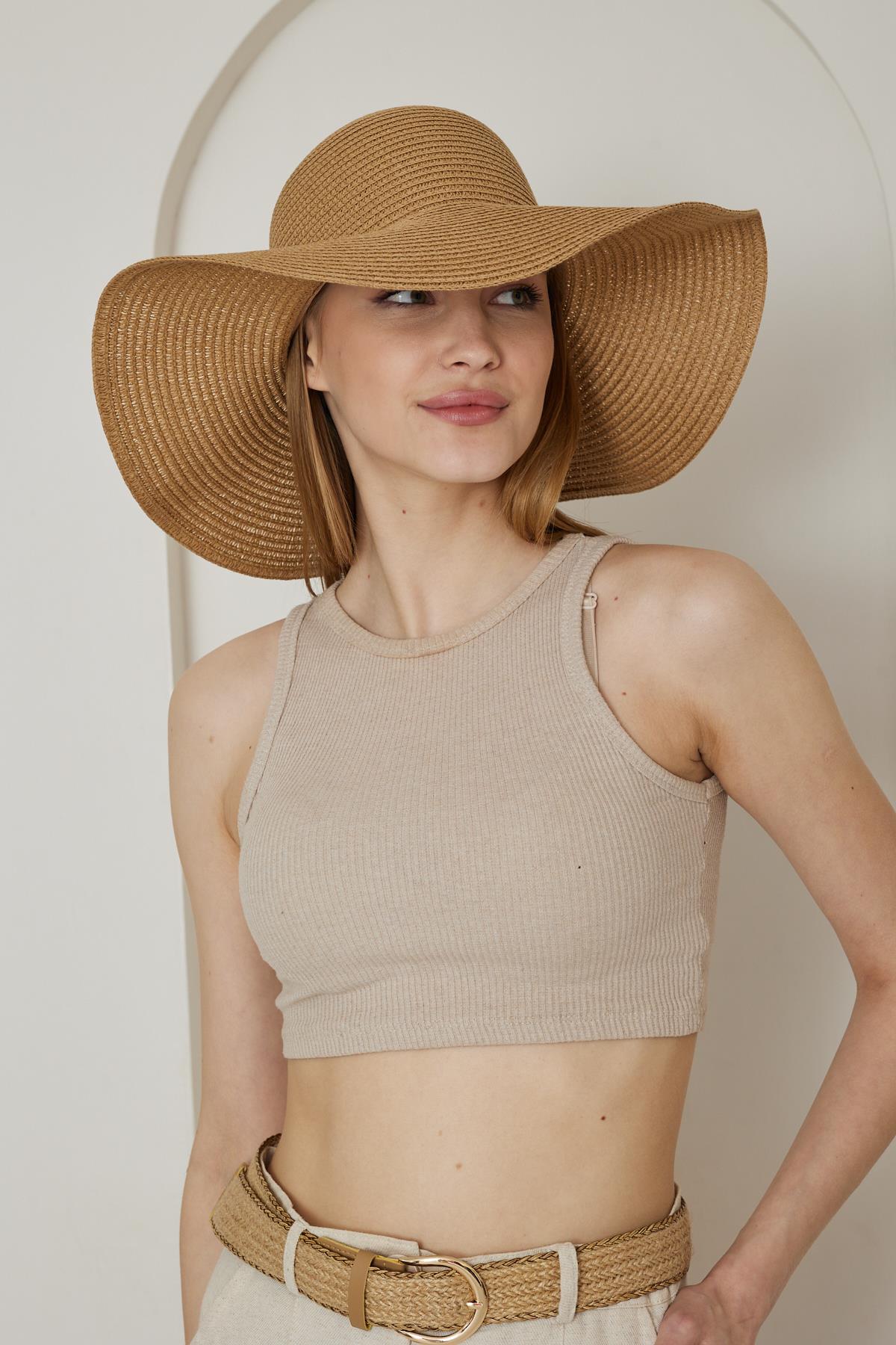 Kadın Camel Geniş Hasır Şapka - Bronte