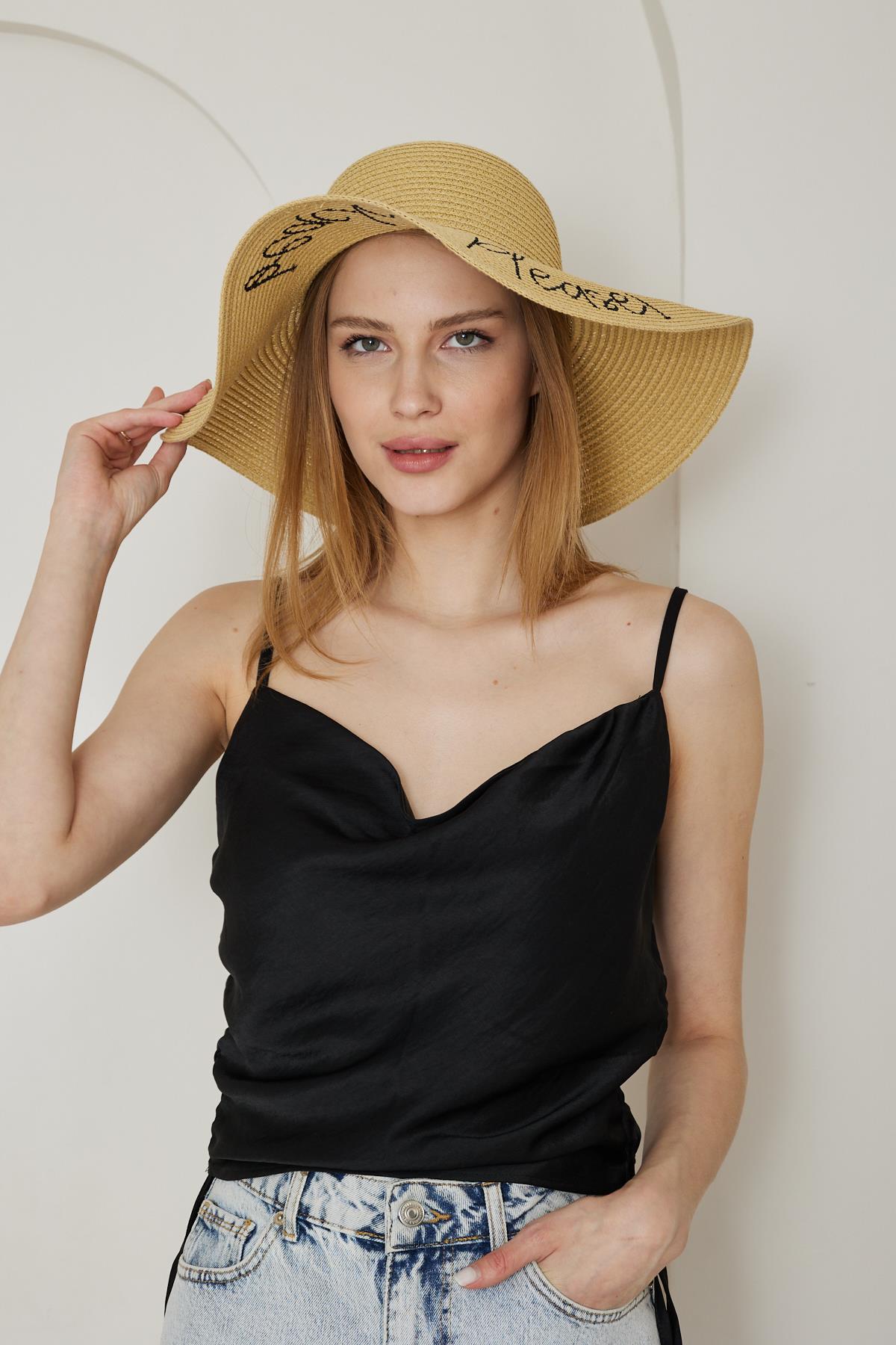 Kadın Hasır Kloş Şapka Beach Please Açık Bej - Lenora