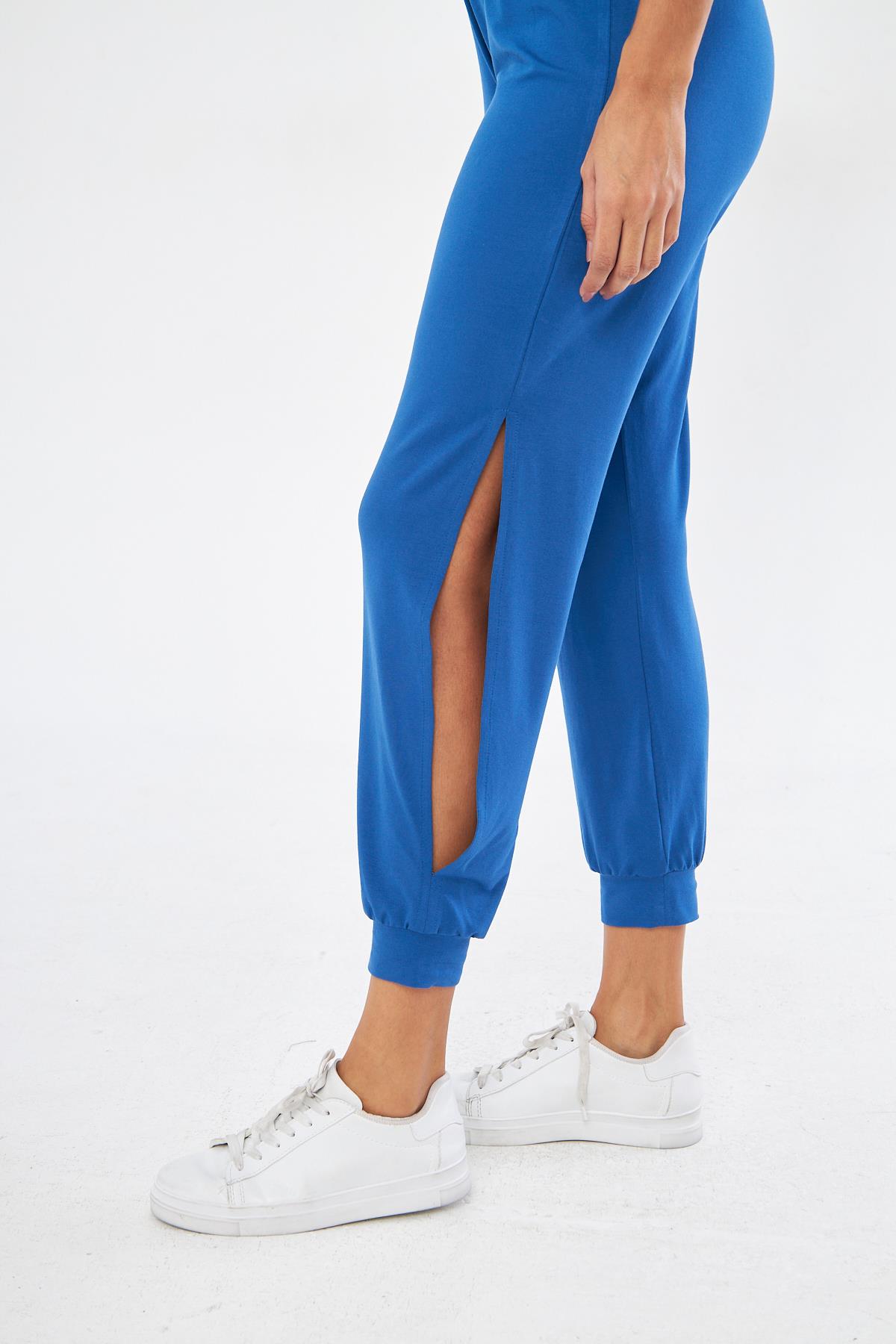 Kadın Mavi Yırtmaç Detaylı Beli Lastikli Şalvar Görünümlü Pantolon Joggers - Bella