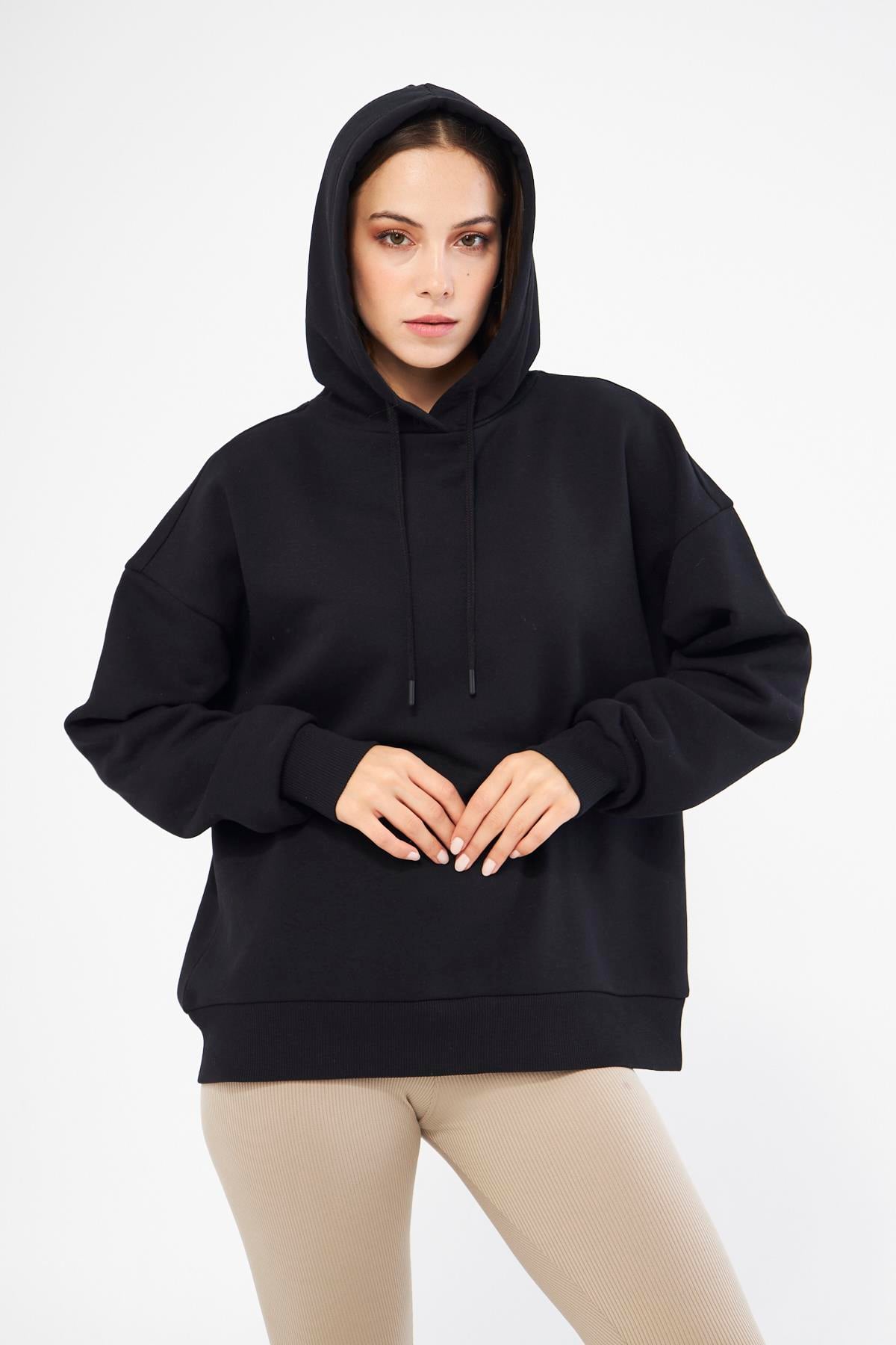 Kadın Oversize Basic Kapüşonlu Şardonlu Sweatshirt Siyah - Fruno