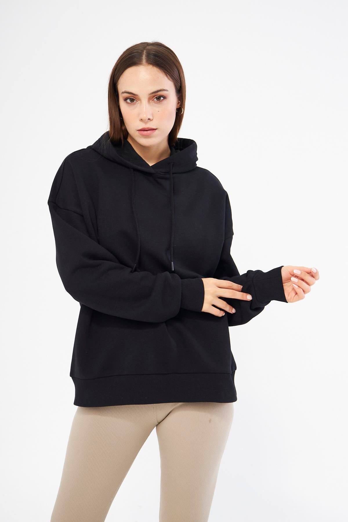 Kadın Oversize Basic Kapüşonlu Şardonlu Sweatshirt Siyah - Fruno