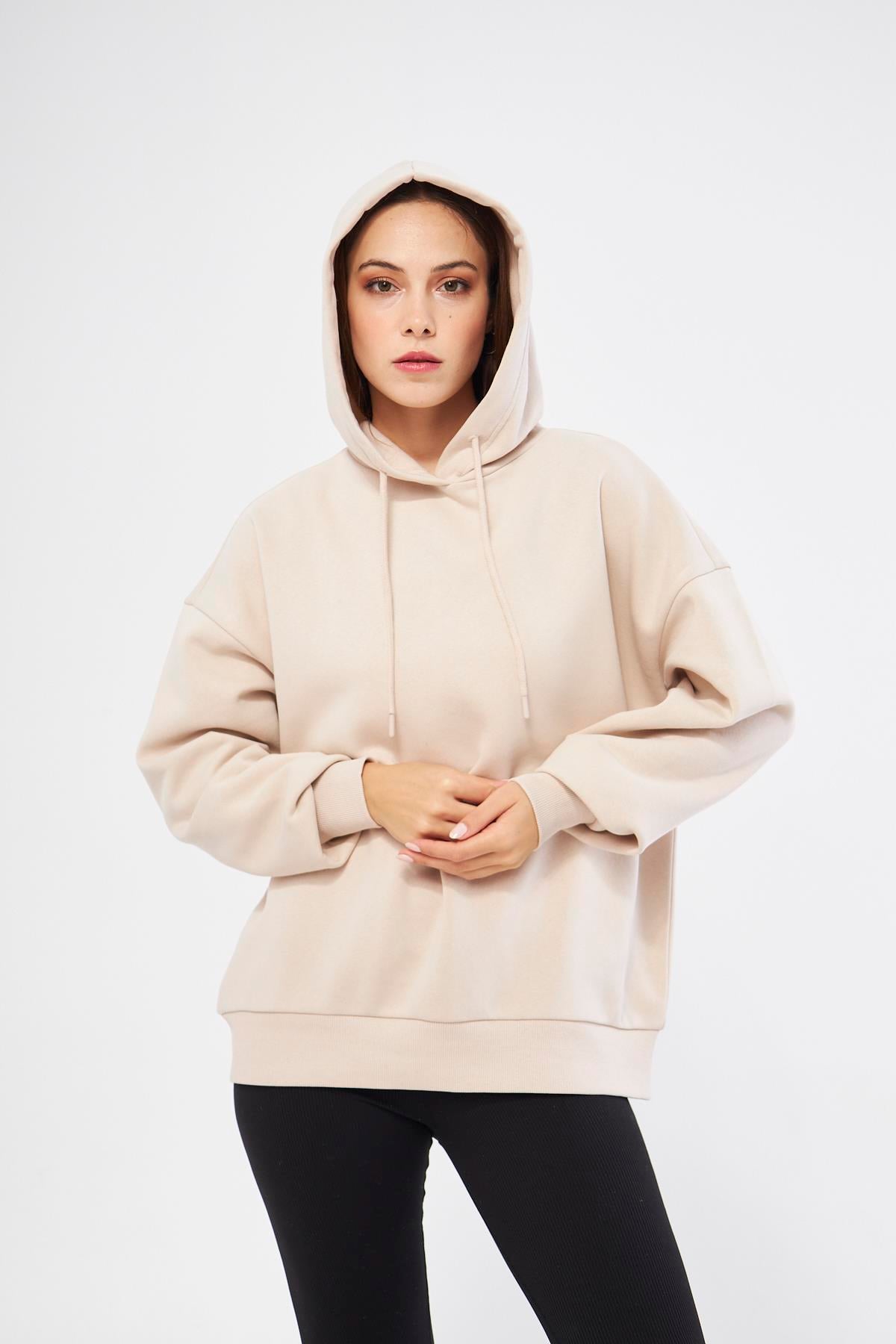 Kadın Oversize Basic Kapüşonlu Şardonlu Sweatshirt Bej - Fruno