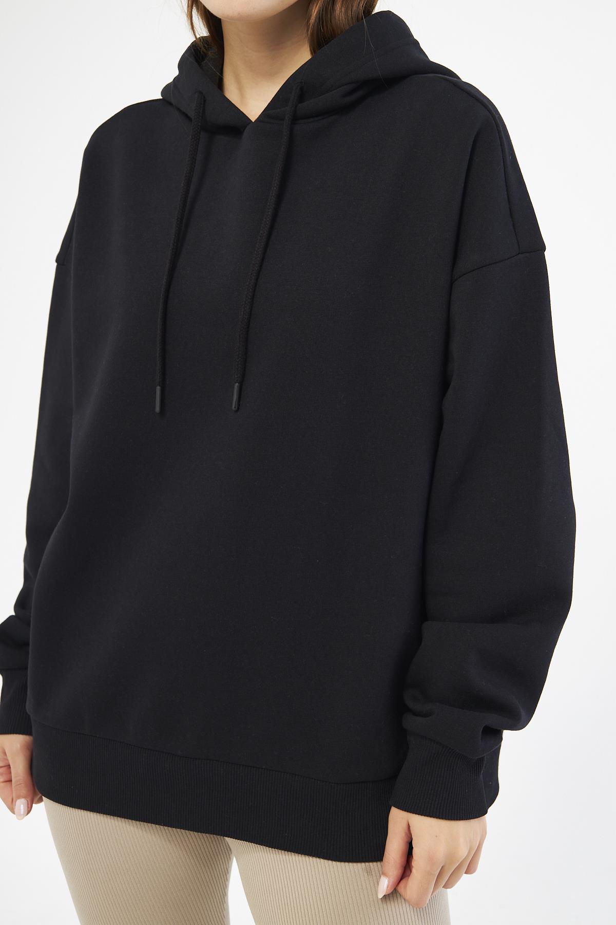 Kadın Oversize Basic Kapüşonlu Şardonlu Sweatshirt Siyah - Fruno