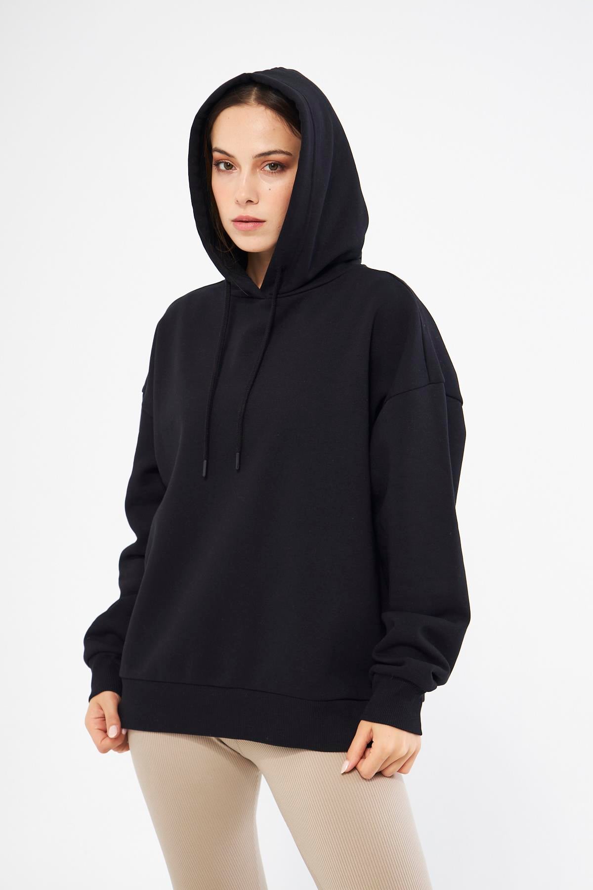 Kadın Oversize Basic Kapüşonlu Şardonlu Sweatshirt Siyah - Fruno