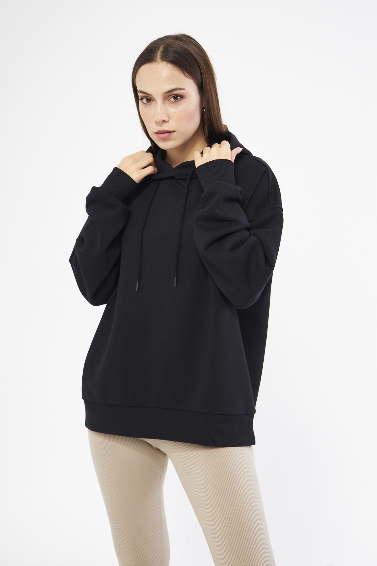 Kadın Oversize Basic Kapüşonlu Şardonlu Sweatshirt Siyah - Fruno