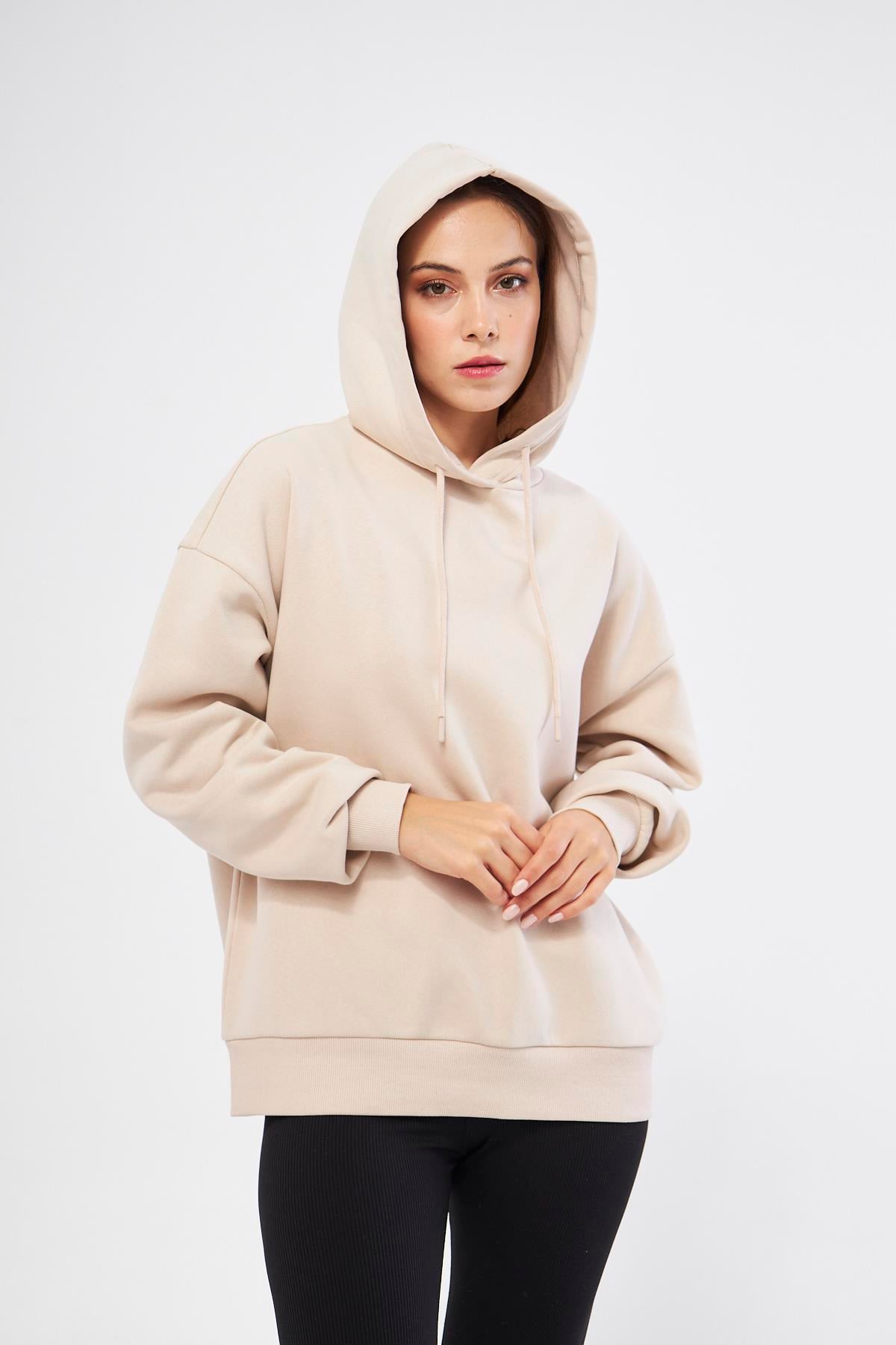 Kadın Oversize Basic Kapüşonlu Şardonlu Sweatshirt Bej - Fruno