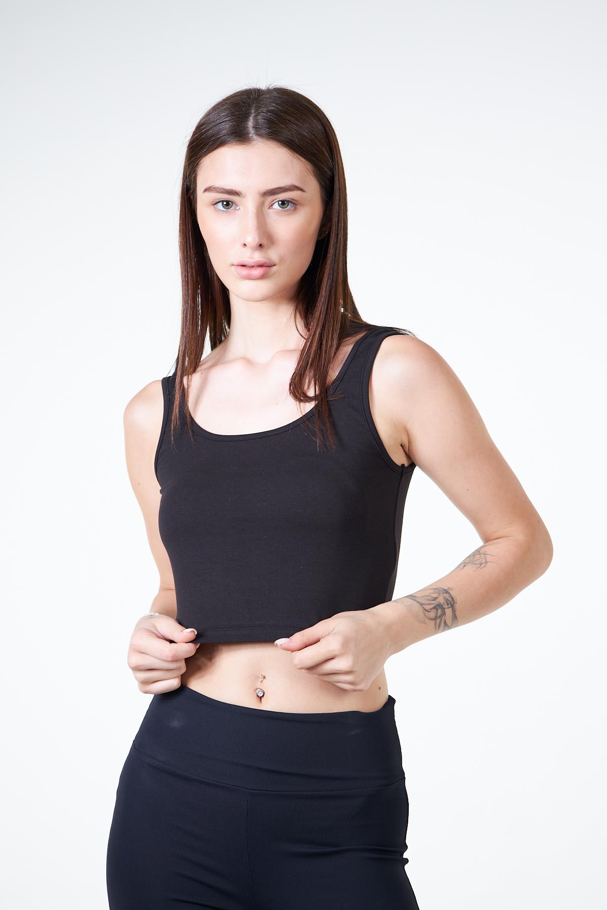Siyah Kadın Askılı Crop Atlet Tshirt- Feeled
