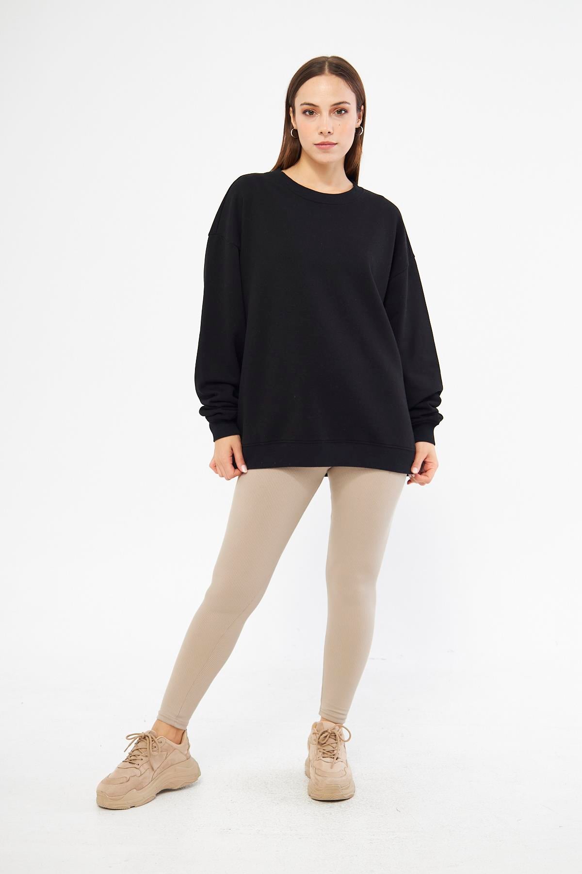 Siyah Kadın Oversize Basic Şardonlu Sweatshirt - Karmen