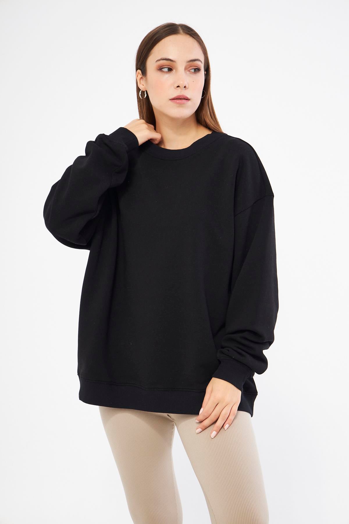 Siyah Kadın Oversize Basic Şardonlu Sweatshirt - Karmen