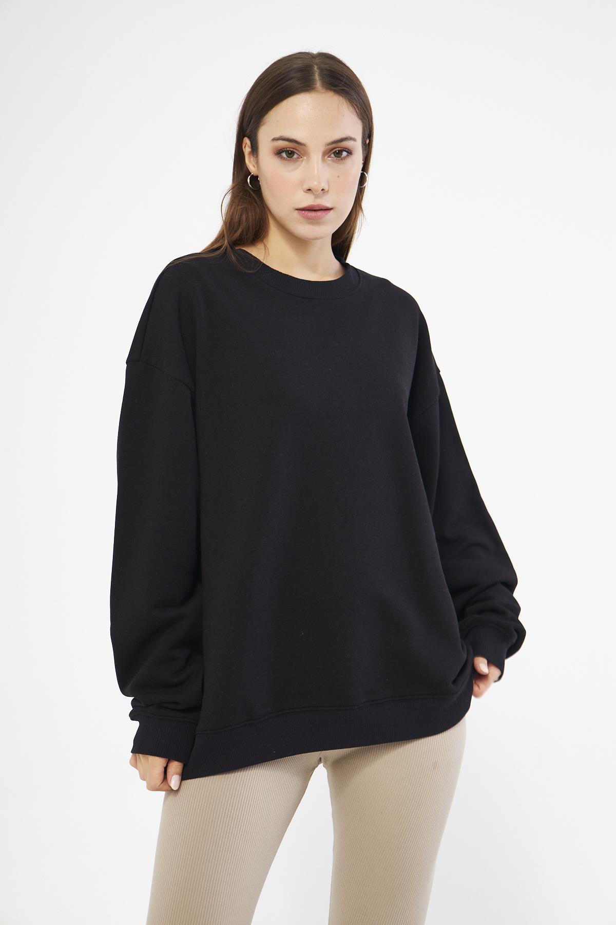 Siyah Kadın Oversize Basic Şardonlu Sweatshirt - Karmen