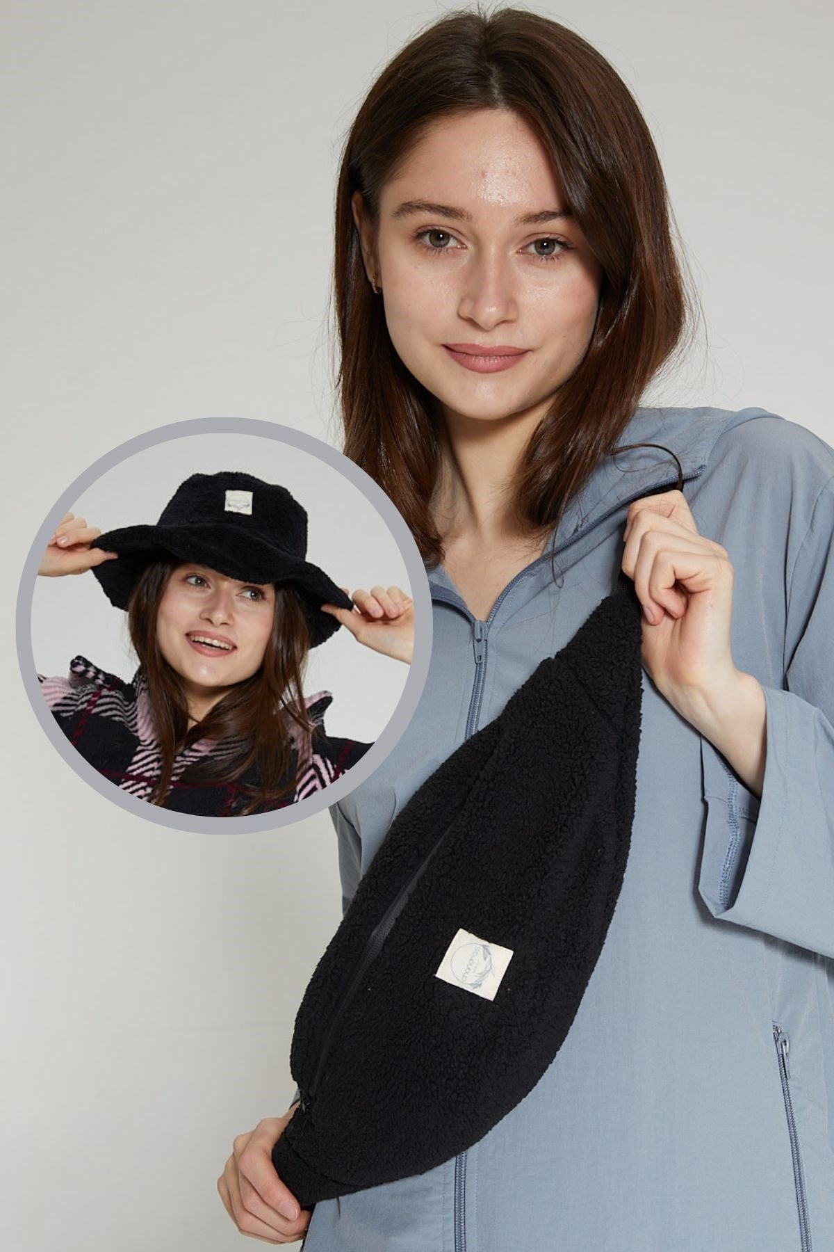 Siyah Peluş Çanta ve Şapka 2li Paket