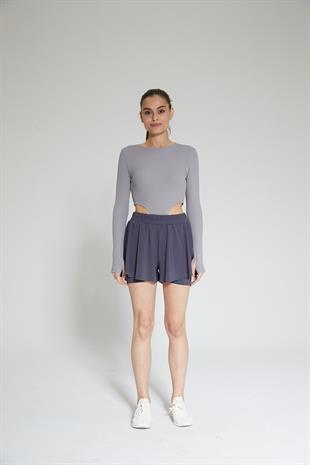 Antrasit Kadın 2 Katmanlı Kloş Etek Görünümlü Spor Şort - Şortlu Tayt 2in1 - Rane