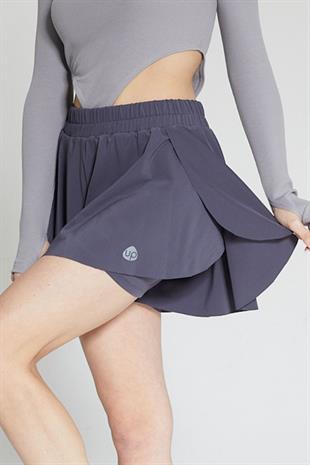 Antrasit Kadın 2 Katmanlı Kloş Etek Görünümlü Spor Şort - Şortlu Tayt 2in1 - Rane