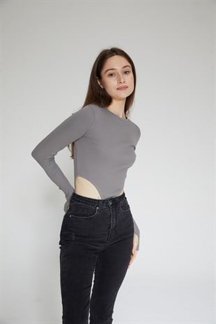 Antrasit Kadın Fitilli Bel Dekolteli Parmak Detaylı Bodysuit - Ren