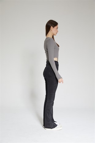 Antrasit Kadın Fitilli Bel Dekolteli Parmak Detaylı Bodysuit - Ren