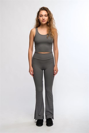 Antrasit Kadın Yüksek Bel Toparlayıcı Fitilli İspanyol Paça Spor Tayt - Toledo