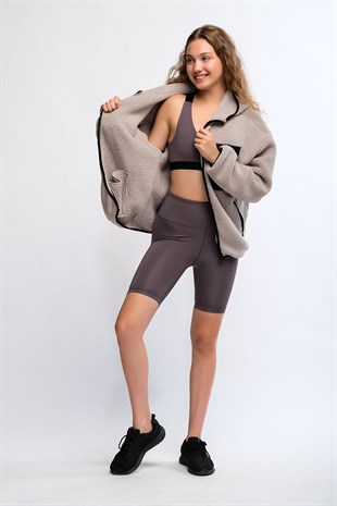 Antrasit Kadın Yüksek Bel Soft Touch Biker Kısa Şort Spor Tayt - Pageda
