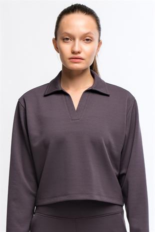 Antrasit Kadın Yaka Detaylı Crop Kesim Sweatshirt - More