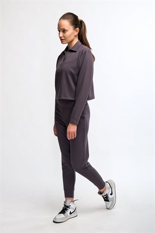 Antrasit Kadın Yaka Detaylı Crop Kesim Sweatshirt - More