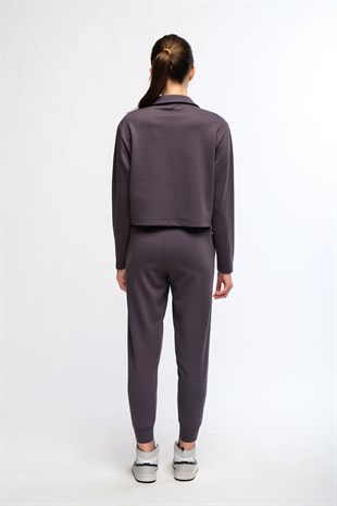 Antrasit Kadın Yaka Detaylı Crop Kesim Sweatshirt - More