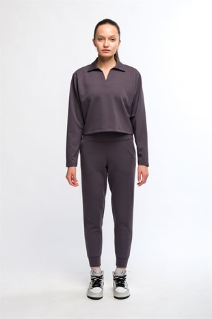 Antrasit Kadın Yaka Detaylı Crop Kesim Sweatshirt - More