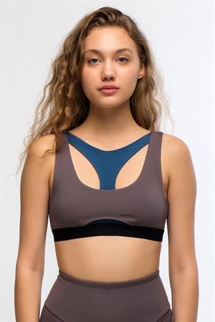 Antrasit Mavi Kadın Hafif Destekli Sırt Detaylı Parçalı Spor Sütyeni Bra - Hena