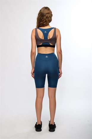 Antrasit Mavi Kadın Hafif Destekli Sırt Detaylı Parçalı Spor Sütyeni Bra - Hena