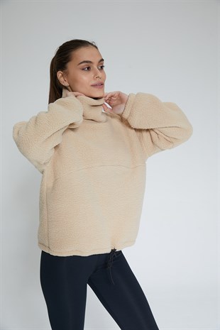 Bej Kadın Boğazlı Sherpa Peluş Sweatshirt - Rope