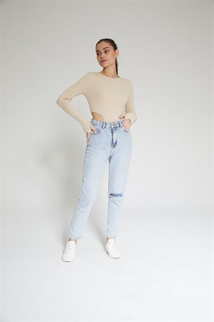 Bej Kadın Fitilli Bel Dekolteli Parmak Detaylı Bodysuit - Ren
