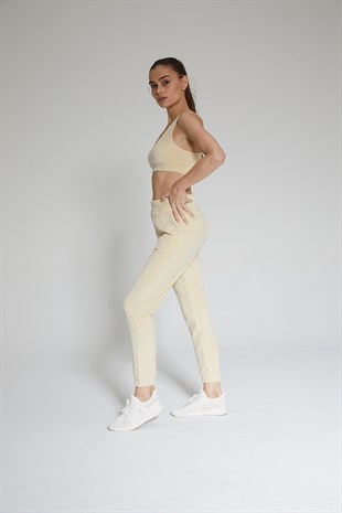 Bej Kadın Kadife Jogger Pantolon - Vale