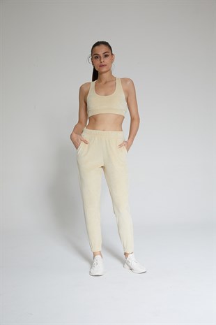 Bej Kadın Kadife Jogger Pantolon - Vale