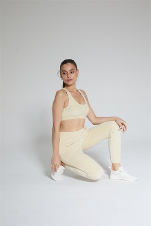 Bej Kadın Kadife Jogger Pantolon - Vale