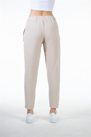 Bej Kadın Keten Görünümlü Carrot Fit Havuç Pantolon - Perla