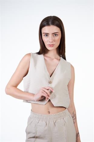 Bej Kadın Keten Görünümlü Crop Yelek - Rebeca
