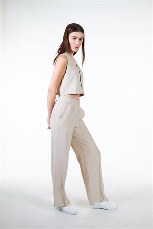 Bej Kadın Keten Görünümlü Nervür Detaylı Bol Kalıp Wide Leg Pantolon - Nomte