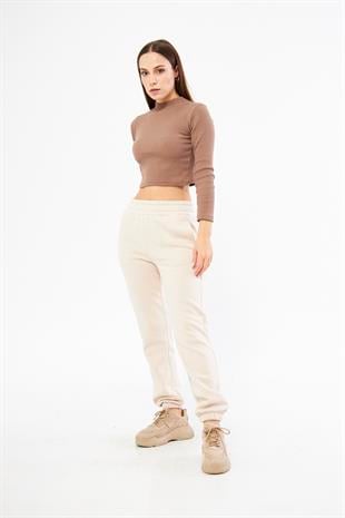 Bej Kadın Lastik Paçalı Jogger Şardonlu Eşofman Altı - Karmena