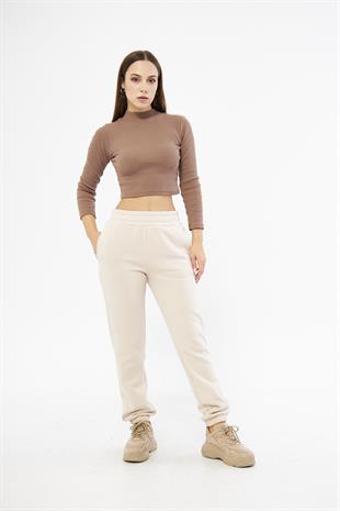 Bej Kadın Lastik Paçalı Jogger Şardonlu Eşofman Altı - Karmena