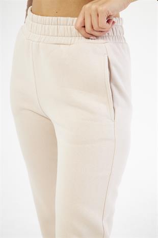 Bej Kadın Lastik Paçalı Jogger Şardonlu Eşofman Altı - Karmena