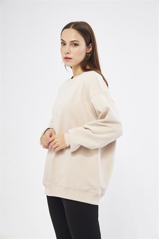 Bej Kadın Oversize Basic Şardonlu Sweatshirt - Karmen