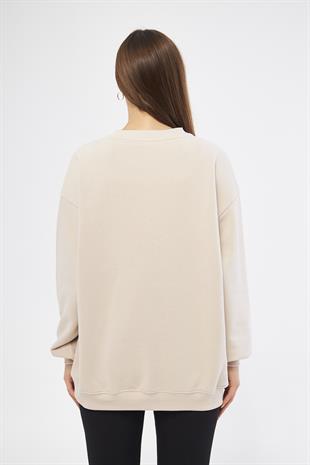 Bej Kadın Oversize Basic Şardonlu Sweatshirt - Karmen