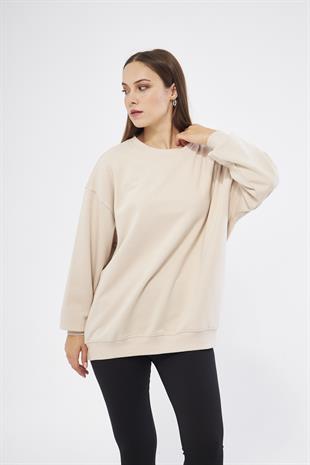 Bej Kadın Oversize Basic Şardonlu Sweatshirt - Karmen