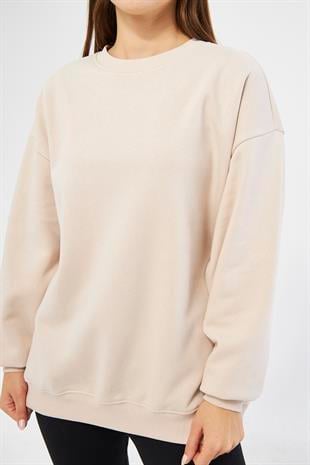 Bej Kadın Oversize Basic Şardonlu Sweatshirt - Karmen