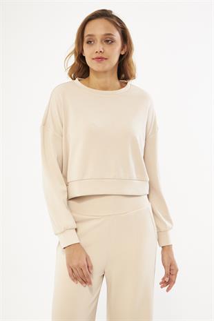 Bej Kadın Uzun Kollu Crop Sweatshirt - Gobi