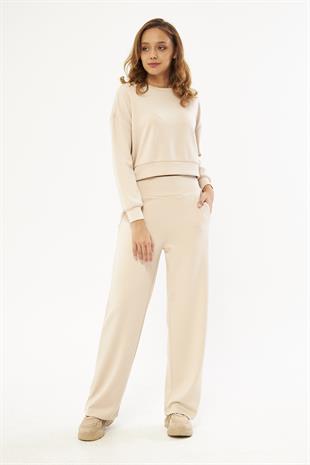 Bej Kadın Uzun Kollu Crop Sweatshirt - Gobi