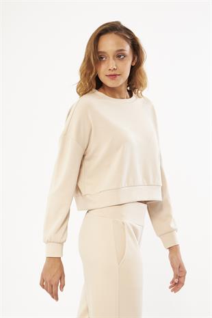 Bej Kadın Uzun Kollu Crop Sweatshirt - Gobi