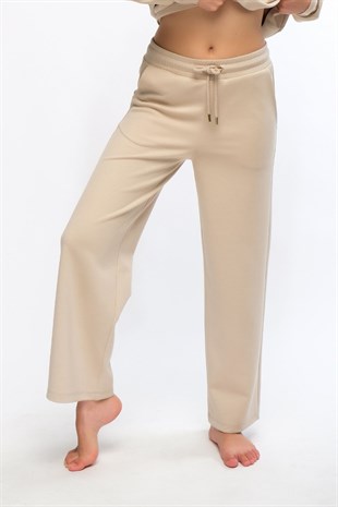 Bej Kadın Bol Paça Eşofman Altı Wide Leg Pantolon - Genas