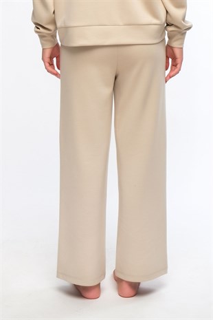 Bej Kadın Bol Paça Eşofman Altı Wide Leg Pantolon - Genas