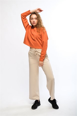 Bej Kadın Bol Paça Eşofman Altı Wide Leg Pantolon - Genas