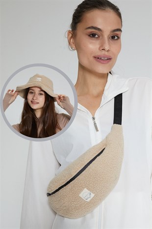 Bej Peluş Çanta ve Şapka 2li Paket